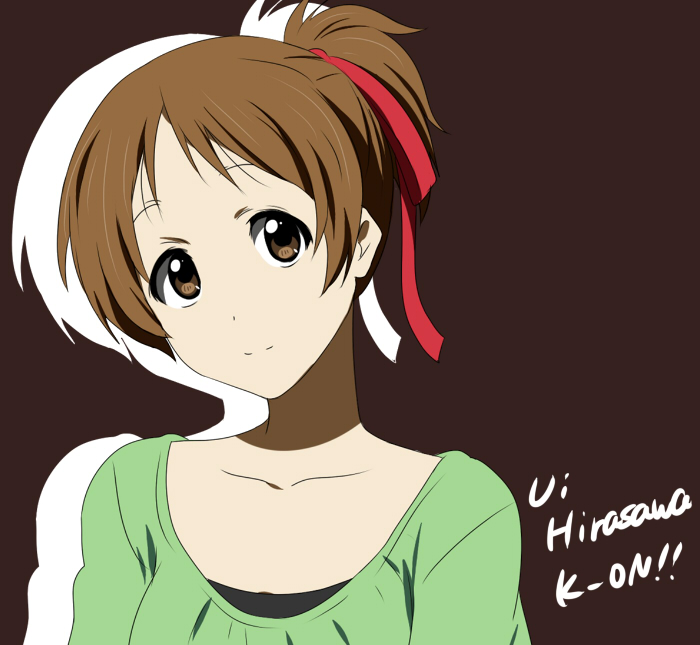 brown_eyes brown_hair casual character_name face hirasawa_ui ikari_manatsu k-on! ponytail short_hair solo title_drop