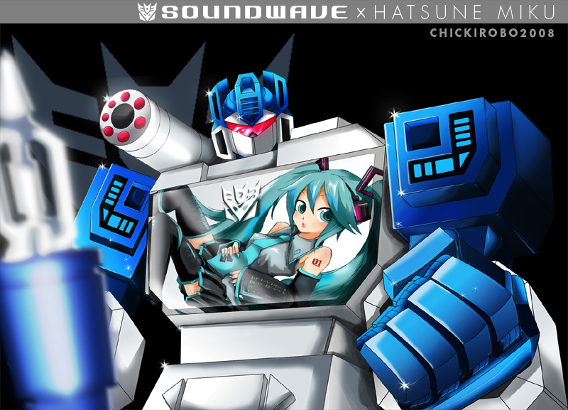 aqua_hair crossover detached_sleeves hatsune_miku nail_polish robot soundwave transformers vocaloid