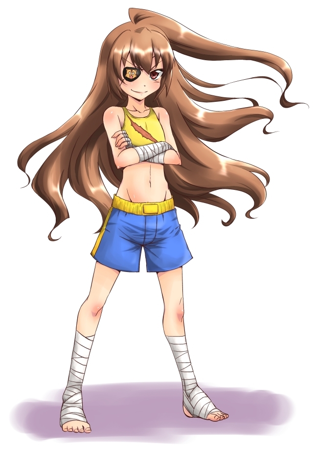 ankle_wraps bandages barefoot brown_eyes brown_hair cosplay crossed_arms eyepatch long_hair midriff nikyu sagat sagat_(cosplay) solo sports_bra street_fighter street_fighter_ii toradora! wrist_wraps