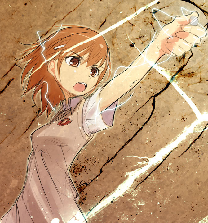 brown_eyes brown_hair coin electricity hair_ornament hairpin misaka_mikoto okaka pose school_uniform short_hair to_aru_kagaku_no_railgun to_aru_majutsu_no_index uniform