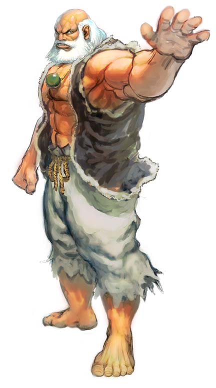 1boy abs bald barefoot bead beard clenched_hand concept_art facial_hair gouken ikeno_daigo jewelry muscle necklace official_art old_man outstretched_hand scar sleeveless solo street_fighter street_fighter_iv torn_clothes vest white_hair