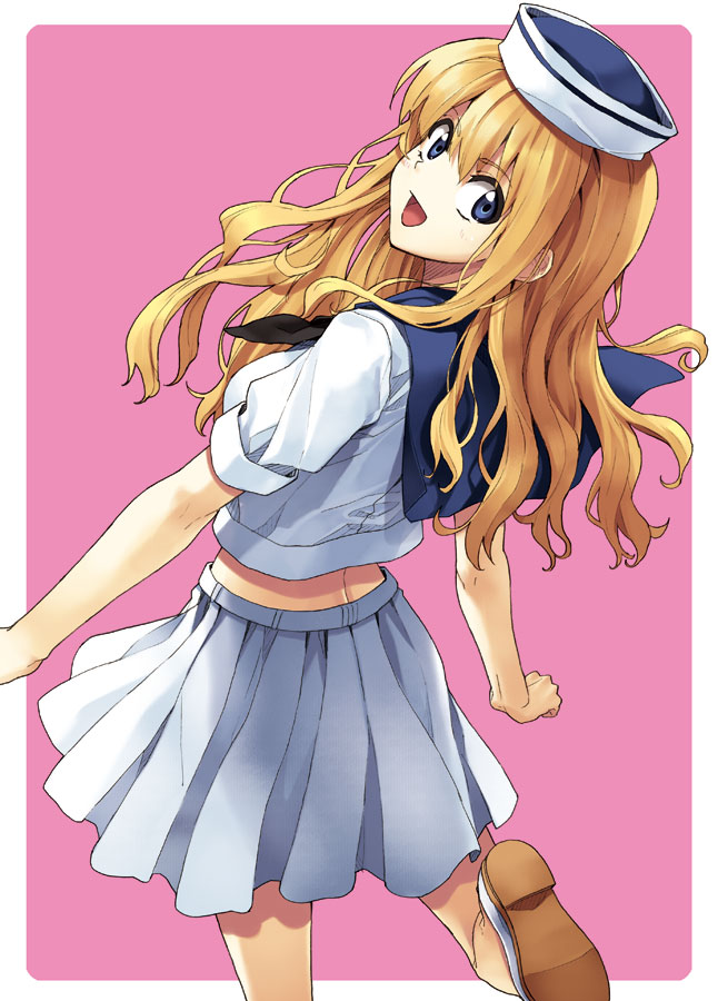 blue_eyes from_behind happy hat looking_back original pleated_skirt runa school_uniform serafuku skirt solo uniform