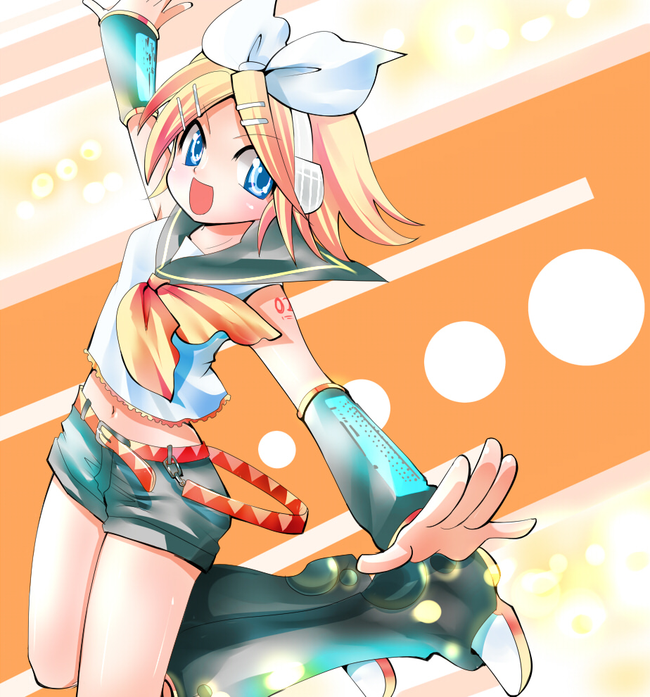 blue_eyes bow detached_sleeves hair_bow kagamine_rin midriff nagare navel open_mouth solo vocaloid