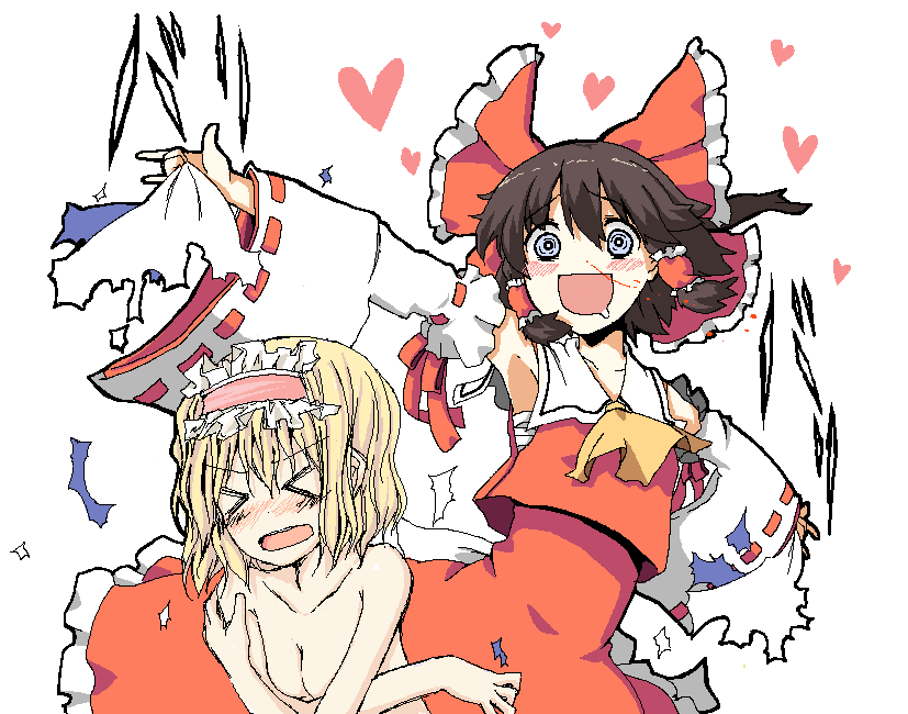 alice_margatroid blood blush breasts cleavage covering crazy_eyes hakurei_reimu natsuk nosebleed open_mouth saliva smile torn_clothes touhou undressing uro you_gonna_get_raped