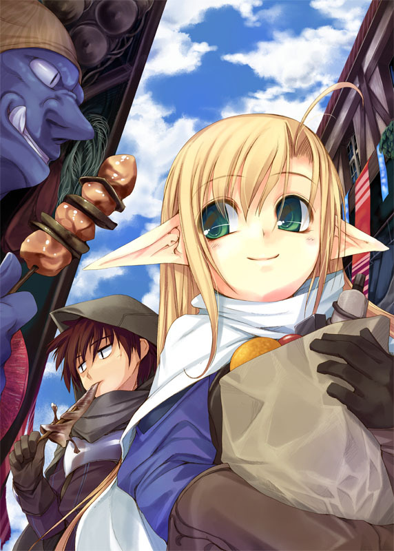 blonde_hair cape elf food gloves green_eyes kirishima_satoshi original pointy_ears smile