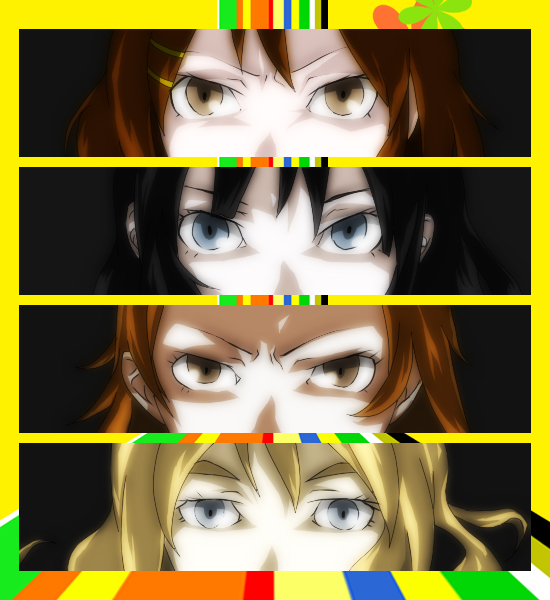 akiyama_mio blonde_hair blue_eyes brown_eyes brown_hair column_lineup hirasawa_yui k-on! kotobuki_tsumugi multiple_girls parody persona persona_4 persona_eyes pororokka serious tainaka_ritsu