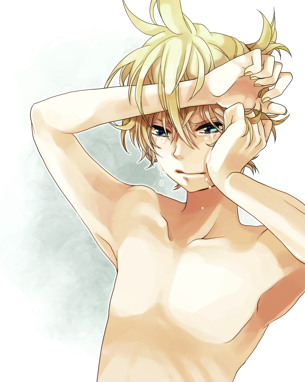 aqua_eyes blonde_hair highres kagamine_len male nail_polish nude ponytail solo tears topless vocaloid yamako_(artist)