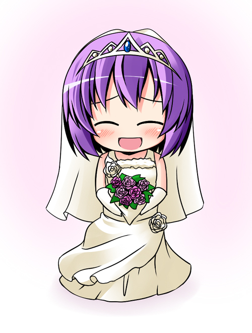 ^_^ blush bouquet chibi closed_eyes dress flower ichimi nagae_iku purple_hair rose smile touhou wedding_dress wedding_veil