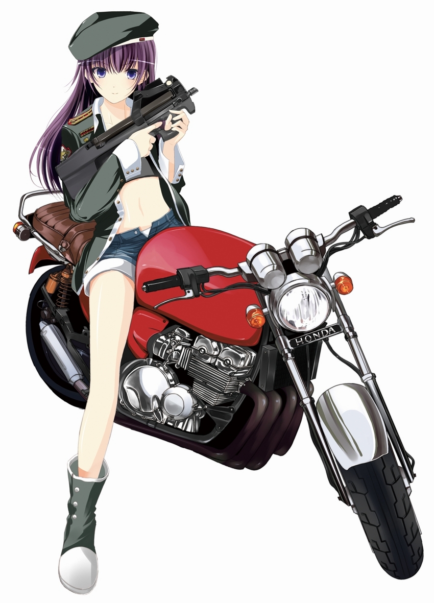blue_eyes female gun motorcycle purple_hair solo weapon