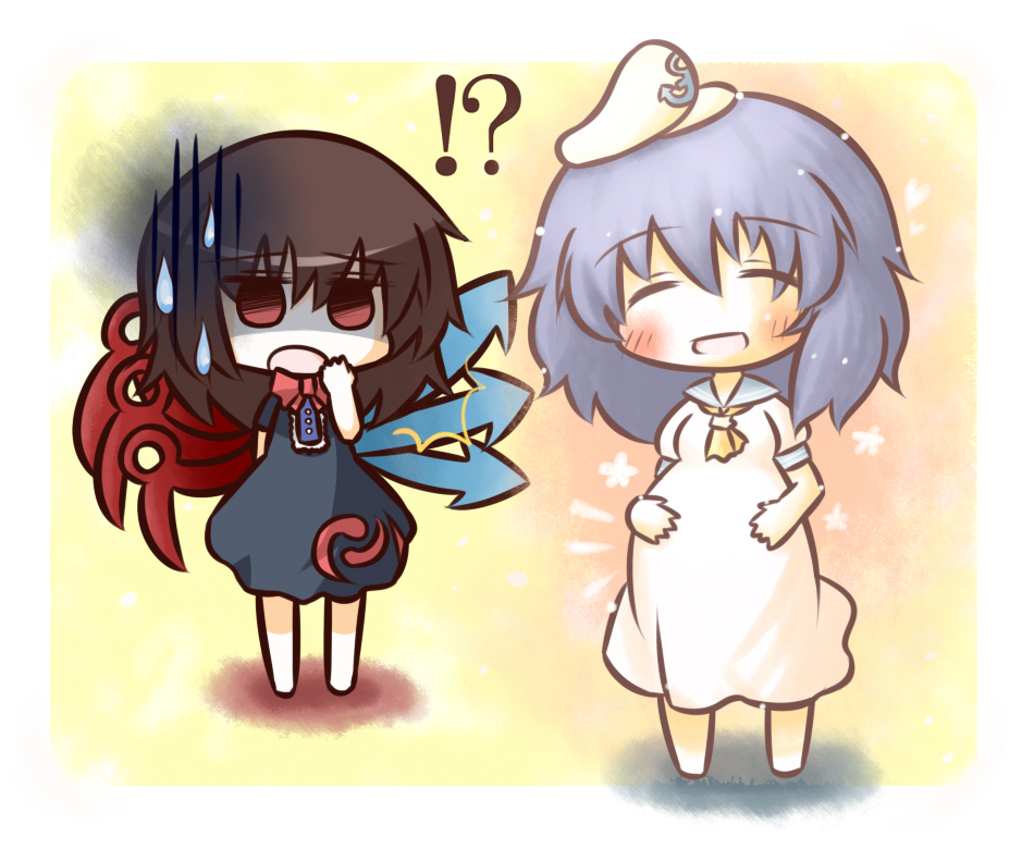 !? /\/\/\ :d asymmetrical_wings black_hair blue_hair blush chibi closed_eyes dress gloom_(expression) houjuu_nue murasa_minamitsu open_mouth pregnant red_eyes smile south114 sparkle sweat touhou wings