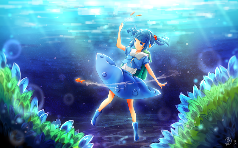 1girl :o arm_up backpack bag blue_eyes blue_hair bubble cattail fish goldfish hair_bobbles hair_ornament kawashiro_nitori key looking_away no_hat no_headwear plant rubber_boots short_hair short_sleeves skirt skirt_set solo touhou twintails underwater yennineii