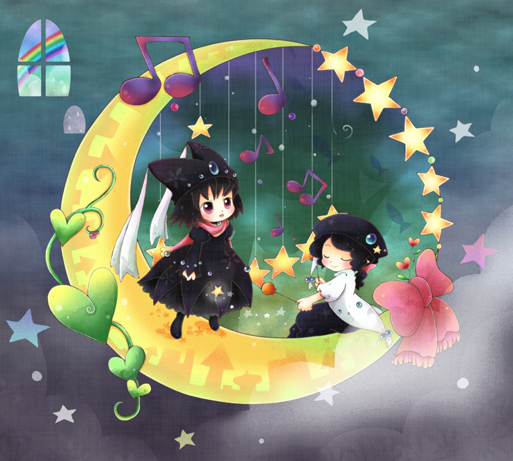 animal_ears animal_hat black_hair cat_ears cat_hat cathat chibi closed_eyes crescent crescent_moon hat heart instrument moon multiple_girls music musical_note orange_lore original rainbow sitting star window