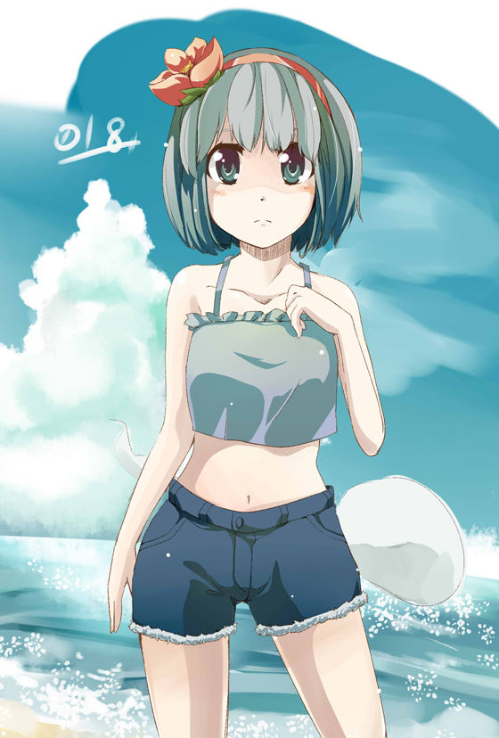 bare_shoulders blue_eyes casual flower ghost hair_flower hair_ornament hairband jeans konpaku_youmu konpaku_youmu_(ghost) midriff myon navel ocean short_hair shorts silver_hair solo touhou yoshinaga_p