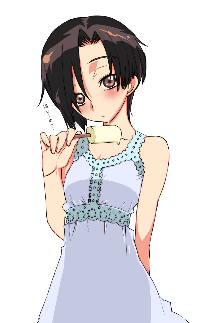 blush brown_eyes dress highres kobayakawa_rinko love_plus nagy popsicle short_hair