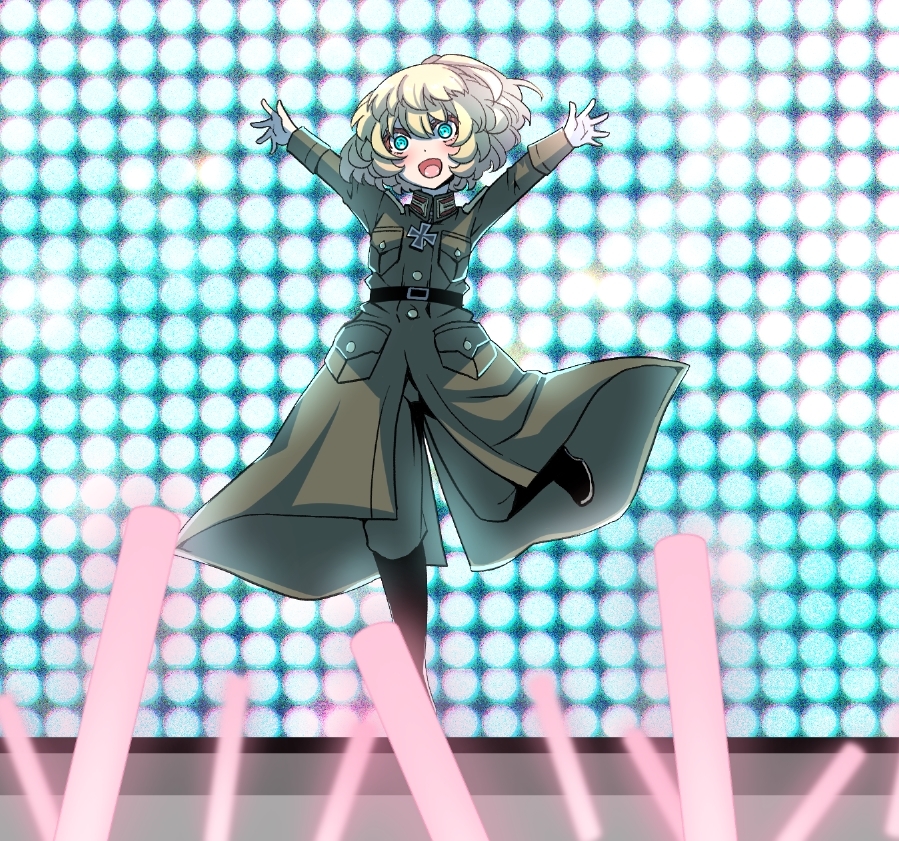 1girl :d black_footwear blonde_hair blue_eyes boots closed_mouth coat concert facing_viewer gloves green_coat green_pants hal_(goshujinomocha) long_sleeves looking_at_viewer military military_coat military_uniform open_mouth outstretched_arms pants pants_tucked_in short_hair smile solo stage standing standing_on_one_leg tanya_degurechaff uniform white_gloves youjo_senki