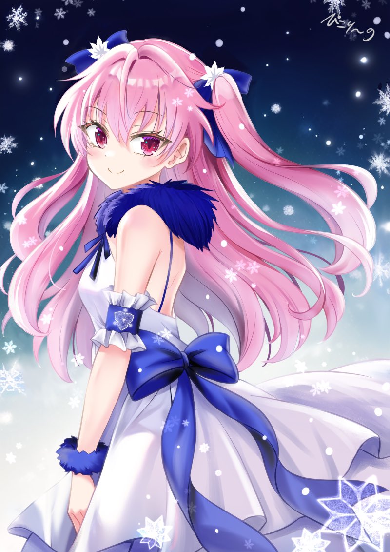1girl backless_dress backless_outfit breasts commentary_request detached_sleeves dress from_side fur_trim hair_ribbon kimura_pikoriino looking_at_viewer pink_eyes pink_hair ribbon signature small_breasts smile snowflakes solo tensei-kun_wa_lolicon_janai! two_side_up white_dress