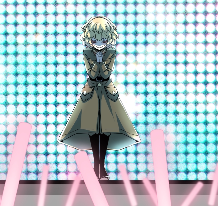 1girl black_footwear blonde_hair boots closed_mouth coat concert facing_viewer gloves green_coat green_pants hal_(goshujinomocha) long_sleeves military military_coat military_uniform own_hands_clasped own_hands_together pants pants_tucked_in short_hair smile solo stage standing tanya_degurechaff uniform white_gloves youjo_senki