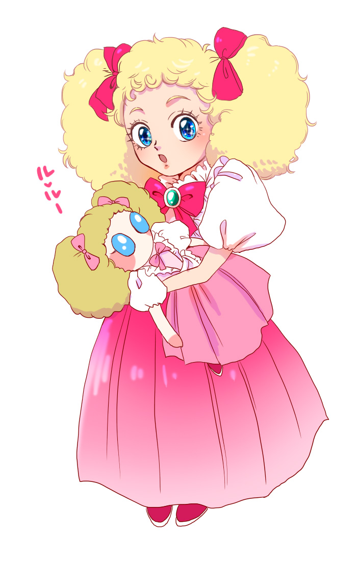 1girl :o blonde_hair blue_eyes bow character_request child commentary_request copyright_request doll dress full_body holding holding_doll long_dress mugicha_(zoro1132) open_mouth pink_bow pink_dress puffy_short_sleeves puffy_sleeves short_sleeves solo twintails