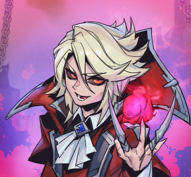 1boy ascot black_sclera blonde_hair blood coat colored_sclera hemokinesis league_of_legends looking_at_viewer lower_teeth_only magic male_focus medium_hair open_mouth phantom_ix_row red_coat red_eyes smile solo teeth v-shaped_eyebrows vampire vladimir_(league_of_legends) white_ascot