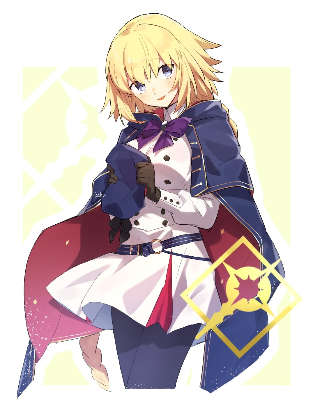 1girl alternate_costume artoria_caster_(fate) artoria_caster_(fate)_(cosplay) artoria_caster_(second_ascension)_(fate) artoria_pendragon_(fate) belt black_gloves blonde_hair blue_belt blue_cape blue_eyes blue_pantyhose blush bow bowtie braid braided_ponytail buttons cape collared_dress commentary_request cosplay dress fate/grand_order fate_(series) gloves hat hat_removed headwear_removed highres jeanne_d'arc_(fate) kabutomushi_s long_hair long_sleeves looking_at_viewer pantyhose purple_bow purple_bowtie red_cape signature smile solo two-tone_cape very_long_hair white_dress