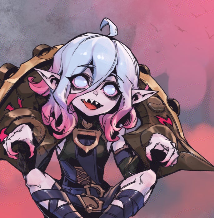 1girl ahoge bags_under_eyes briar_(league_of_legends) colored_sclera detached_sleeves english_text grey_hair hair_between_eyes knees league_of_legends long_hair multicolored_hair no_pupils open_mouth phantom_ix_row pink_hair pointy_ears red_sclera sharp_teeth sidelocks sitting solo spread_legs teeth two-tone_hair upper_teeth_only vampire white_eyes wrist_cuffs