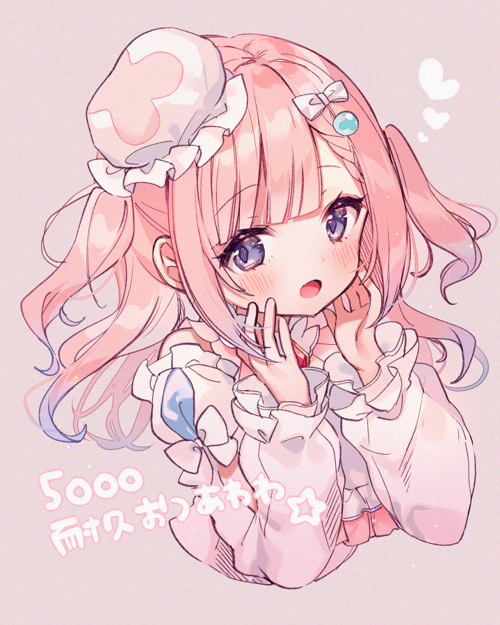 1girl ana_(rznuscrf) blush bow character_request cropped_torso hair_ornament hands_up long_hair long_sleeves looking_at_viewer open_mouth pink_hair puffy_long_sleeves puffy_sleeves simple_background solo two_side_up upper_body varium virtual_youtuber white_bow