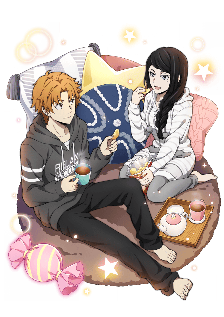 1boy 1girl bad_source barefoot black_eyes black_hair black_pants brother_and_sister bungou_stray_dogs candy carpet chips_(food) cup fingernails food holding holding_cup long_sleeves mole mole_under_eye official_art orange_hair pajamas pants pillow siblings smile star_(symbol) star_pillow tanizaki_junichirou_(bungou_stray_dogs) tanizaki_naomi teapot toenails toes transparent_background