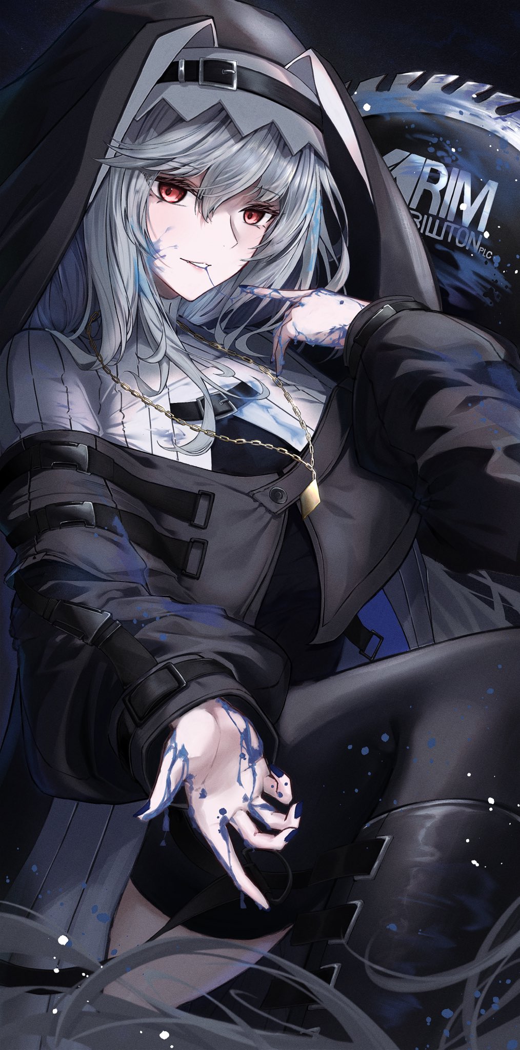 1girl arknights ass black_dress black_thighhighs blood blood_on_clothes blood_on_face blood_on_hands blue_blood blush breasts circular_saw commentary dress feet_out_of_frame finger_to_mouth grey_hair habit highres jewelry knees_up long_hair long_sleeves looking_at_viewer medium_breasts mo_komo_momo necklace nun parted_lips red_eyes solo specter_(arknights) thigh-highs very_long_hair