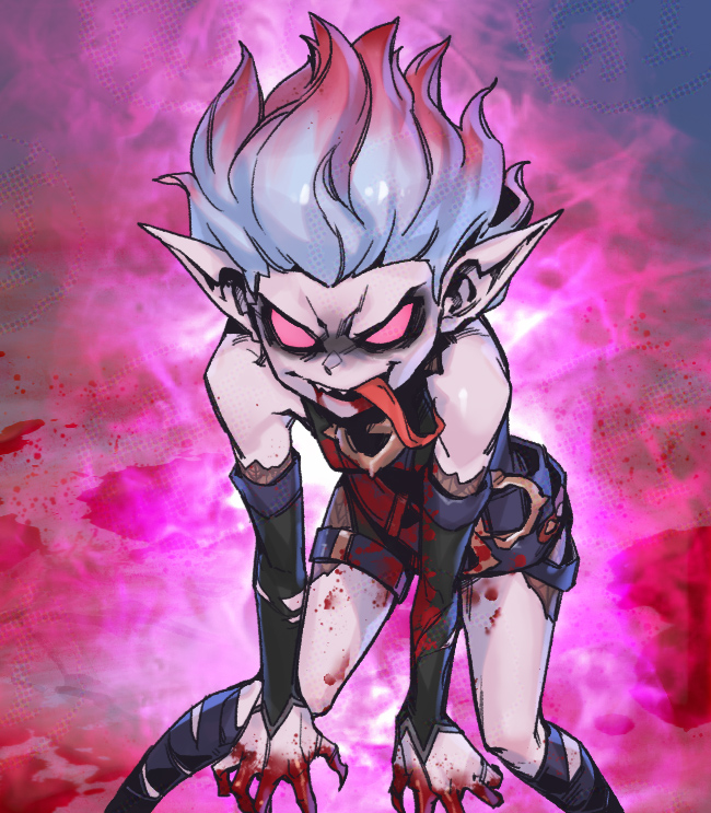 1girl belt black_belt blank_eyes blood blood_on_arm blood_on_chest blood_on_clothes blood_on_hands blood_on_leg blood_on_mouth briar_(league_of_legends) colored_sclera detached_sleeves english_commentary fingernails grey_hair league_of_legends legs long_tongue looking_at_viewer multicolored_hair no_pupils phantom_ix_row pink_hair pointy_ears red_sclera sharp_fingernails sharp_teeth smile solo standing streaked_hair teeth tongue tongue_out two-tone_hair v-shaped_eyebrows vampire