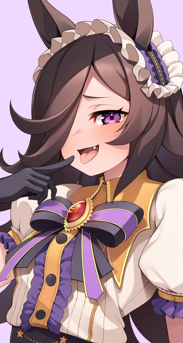 1girl animal_ears black_gloves blush brown_hair buttons collared_shirt fang gloves highres horse_ears horse_girl long_hair looking_at_viewer make_up_in_halloween!_(umamusume) mofu_namako official_alternate_costume open_mouth puffy_short_sleeves puffy_sleeves purple_background rice_shower_(make_up_vampire!)_(umamusume) rice_shower_(umamusume) shirt short_sleeves simple_background solo tongue tongue_out umamusume violet_eyes white_shirt