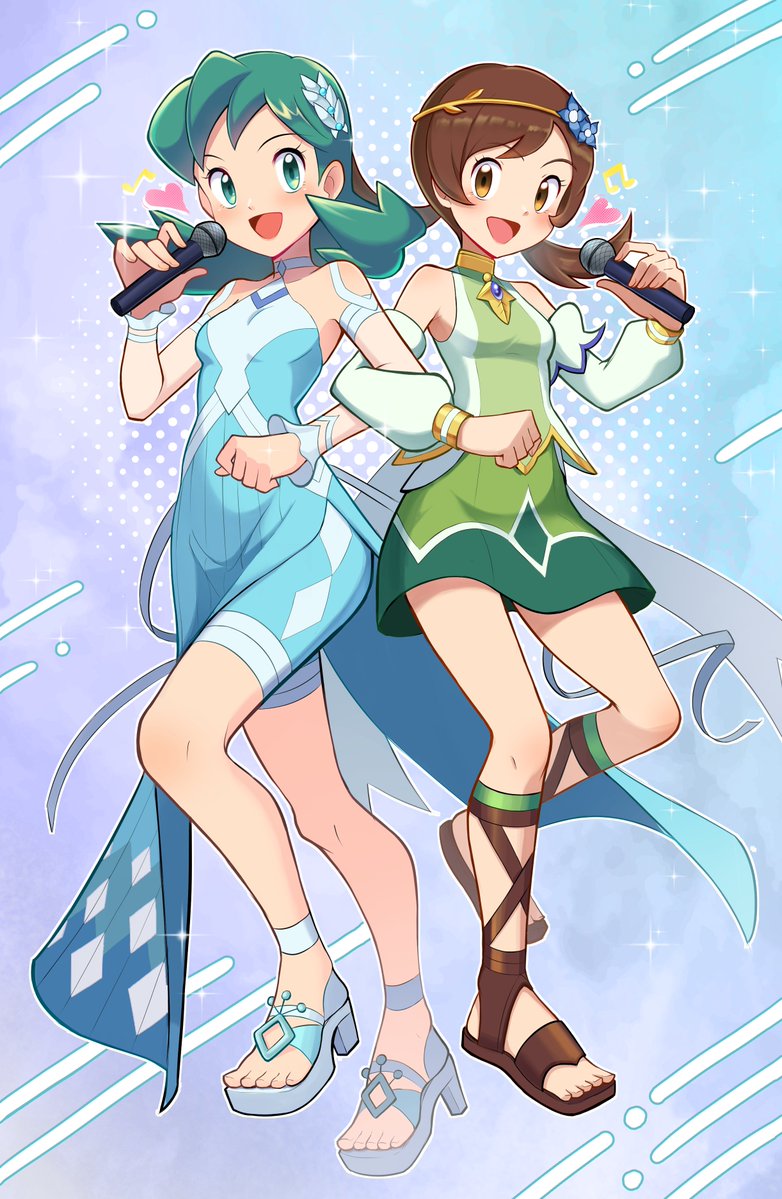 2girls :d bare_shoulders blush brown_footwear brown_hair commentary commission detached_sleeves dress eyelashes green_eyes green_hair happy heart high_heels holding holding_microphone knees kris_(pokemon) kris_(sygna_suit)_(pokemon) locked_arms long_hair lyra_(pokemon) lyra_(sygna_suit)_(pokemon) microphone mr.thunderigor multiple_girls musical_note official_alternate_costume open_mouth pokemon pokemon_(game) pokemon_masters_ex sandals smile sparkle tongue twintails