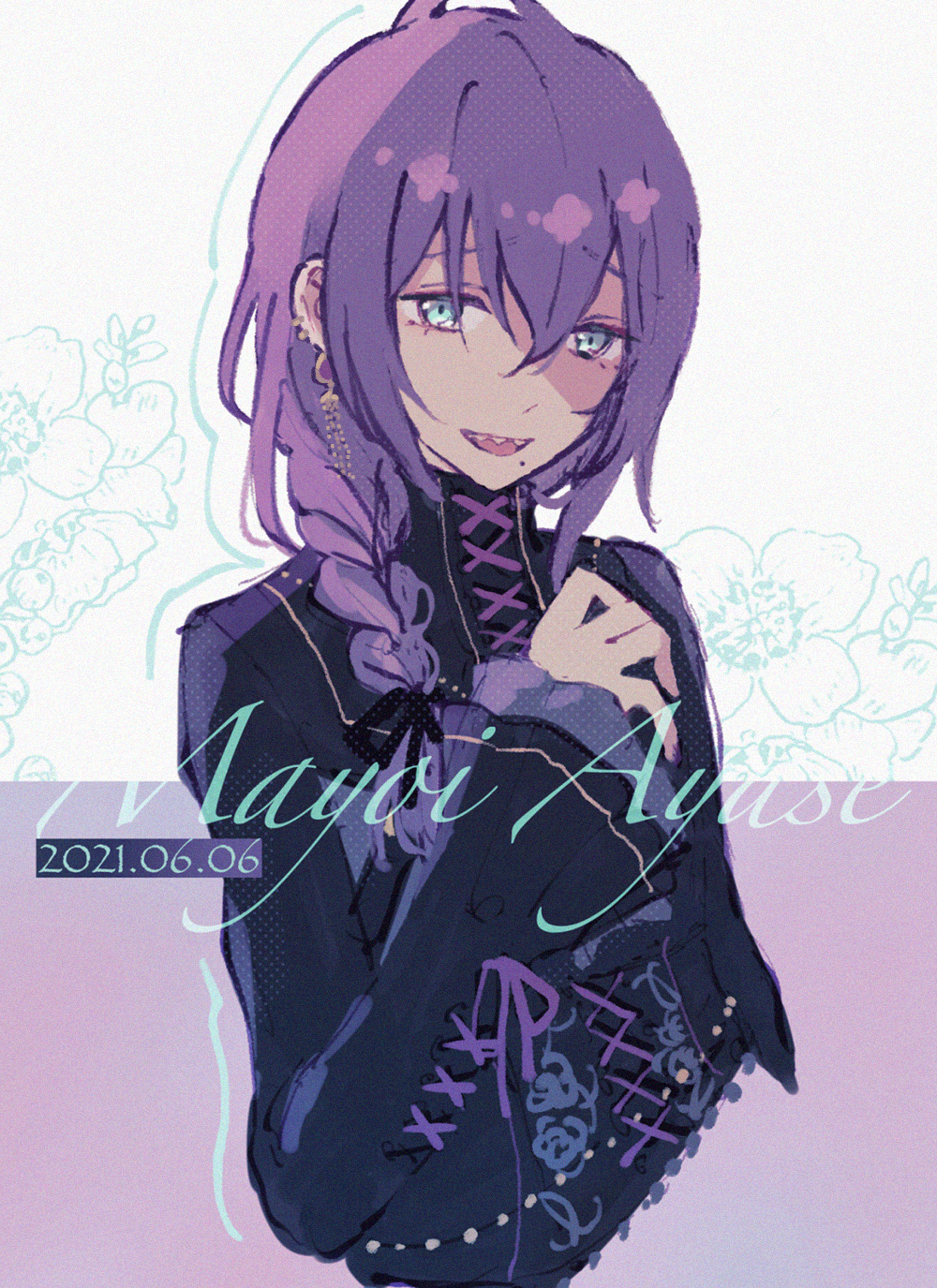 1boy 2021 androgynous aqua_eyes ayase_mayoi black_jacket blush braid character_name dated ear_piercing earrings ensemble_stars! highres jacket jewelry long_sleeves male_focus mole mole_under_mouth multicolored_background multiple_earrings nig_18 piercing purple_background purple_hair sharp_teeth smile solo teeth white_background