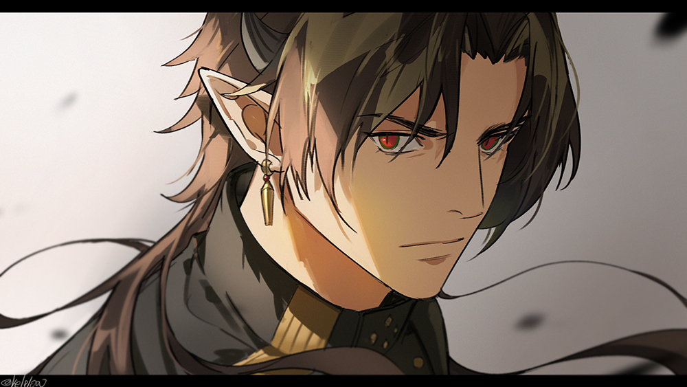 1boy arknights backlighting black_jacket brown_hair chong_yue_(arknights) commentary_request frown grey_background jacket kel_(kelpl000) letterboxed long_hair looking_at_viewer male_focus pointy_ears profile red_eyes serious shaded_face simple_background solo upper_body