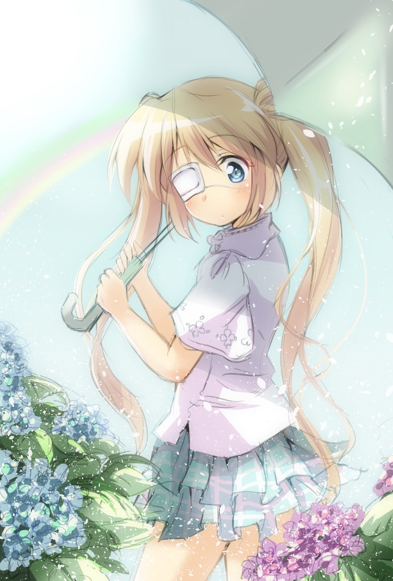 1girl after_rain alternate_costume aqua_skirt blue_eyes blue_flower blush ca2la closed_mouth commentary_request cowboy_shot expressionless eyepatch flower from_side hair_between_eyes hands_up highres holding holding_umbrella leaf light_blue_background long_hair looking_at_flowers looking_down miniskirt nakatsu_shizuru one-hour_drawing_challenge one_eye_covered plaid plaid_skirt pleated_skirt purple_flower rainbow rewrite shirt short_sleeves simple_background sketch skirt solo standing twintails umbrella very_long_hair white_shirt