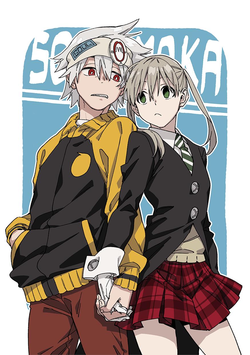 1boy 1girl blonde_hair blue_background character_name clenched_teeth gloves go_chol green_eyes hairband hand_in_pocket highres holding_hands jacket long_hair long_sleeves looking_at_another maka_albarn necktie parted_lips plaid plaid_skirt red_eyes school_uniform simple_background skirt soul_eater soul_evans striped_necktie sweatband teeth twintails white_hair