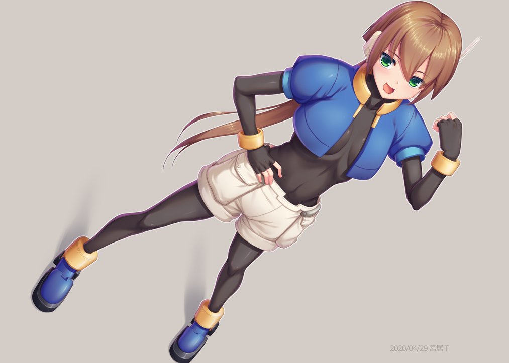 1girl aile_(mega_man_zx) bodysuit breasts brown_hair fingerless_gloves full_body gloves green_eyes hair_between_eyes long_hair looking_at_viewer mega_man_(series) mega_man_zx mega_man_zx_advent miyai_sen open_mouth ponytail robot_ears short_sleeves shorts simple_background skin_tight smile solo spandex