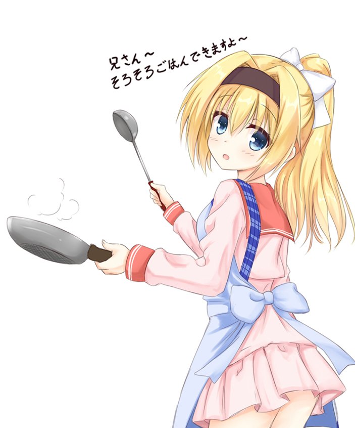 1girl alternate_hairstyle apron back_bow black_hairband blonde_hair blue_apron blue_bow blue_eyes blush bow chitose_sana commentary_request cooking cowboy_shot eyelashes eyes_visible_through_hair from_behind frying_pan hair_between_eyes hair_bow hair_intakes hairband head_tilt holding holding_frying_pan holding_ladle igarashi_kenji ladle long_hair long_sleeves looking_at_viewer looking_back miniskirt open_mouth pink_shirt pink_skirt pleated_skirt ponytail red_sailor_collar sailor_collar school_uniform serafuku shirt simple_background skirt solo standing steam tenshinranman translation_request white_background white_bow