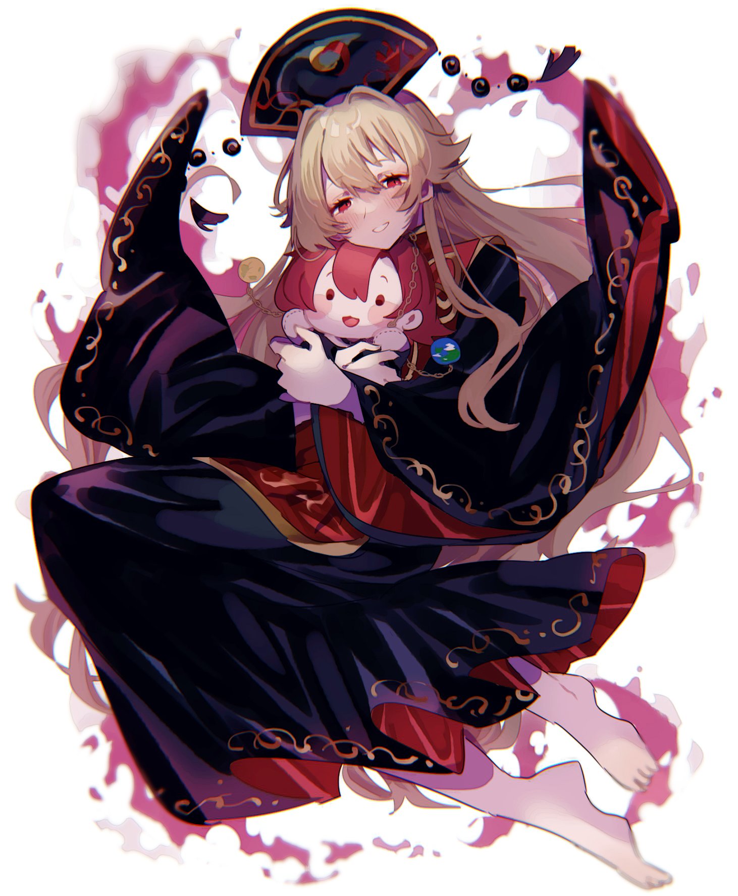 1girl ayahi_4 barefoot black_dress black_headwear black_shirt blush brown_ribbon chain character_doll chinese_clothes crescent crescent_print doll dress earth_(ornament) energy flying gold_chain hair_between_eyes hands_up hat hecatia_lapislazuli highres hug hugging_doll hugging_object junko_(touhou) light_brown_hair long_hair long_sleeves looking_at_viewer mandarin_collar medium_hair moon_(ornament) neck_ribbon open_mouth pom_pom_(clothes) red_dress red_eyes red_tabard redhead ribbon shirt short_sleeves sidelocks simple_background smile solo t-shirt tabard tassel teeth touhou two-sided_dress two-sided_fabric white_background wide_sleeves