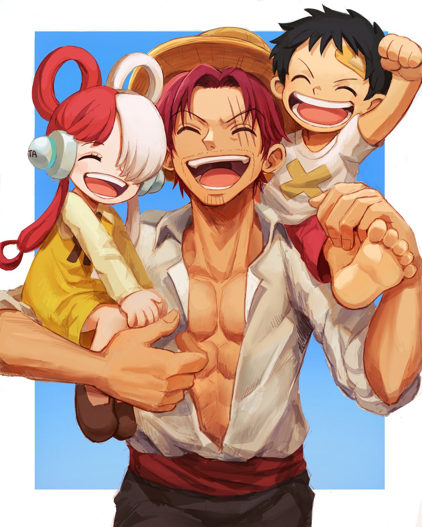 1girl 2boys abs age_difference aged_down bandaid bandaid_on_face black_hair black_ribbon carrying closed_eyes facial_hair father_and_daughter hair_over_one_eye hair_rings happy hat headphones highres long_hair low_twintails monkey_d._luffy multicolored_hair multiple_boys oekakiboya one_eye_covered one_piece one_piece_film:_red open_clothes open_mouth red_sash redhead ribbon sash scar scar_across_eye scar_on_face shanks_(one_piece) shirt short_hair simple_background smile standing straw_hat twintails two-tone_hair uta_(one_piece) white_shirt