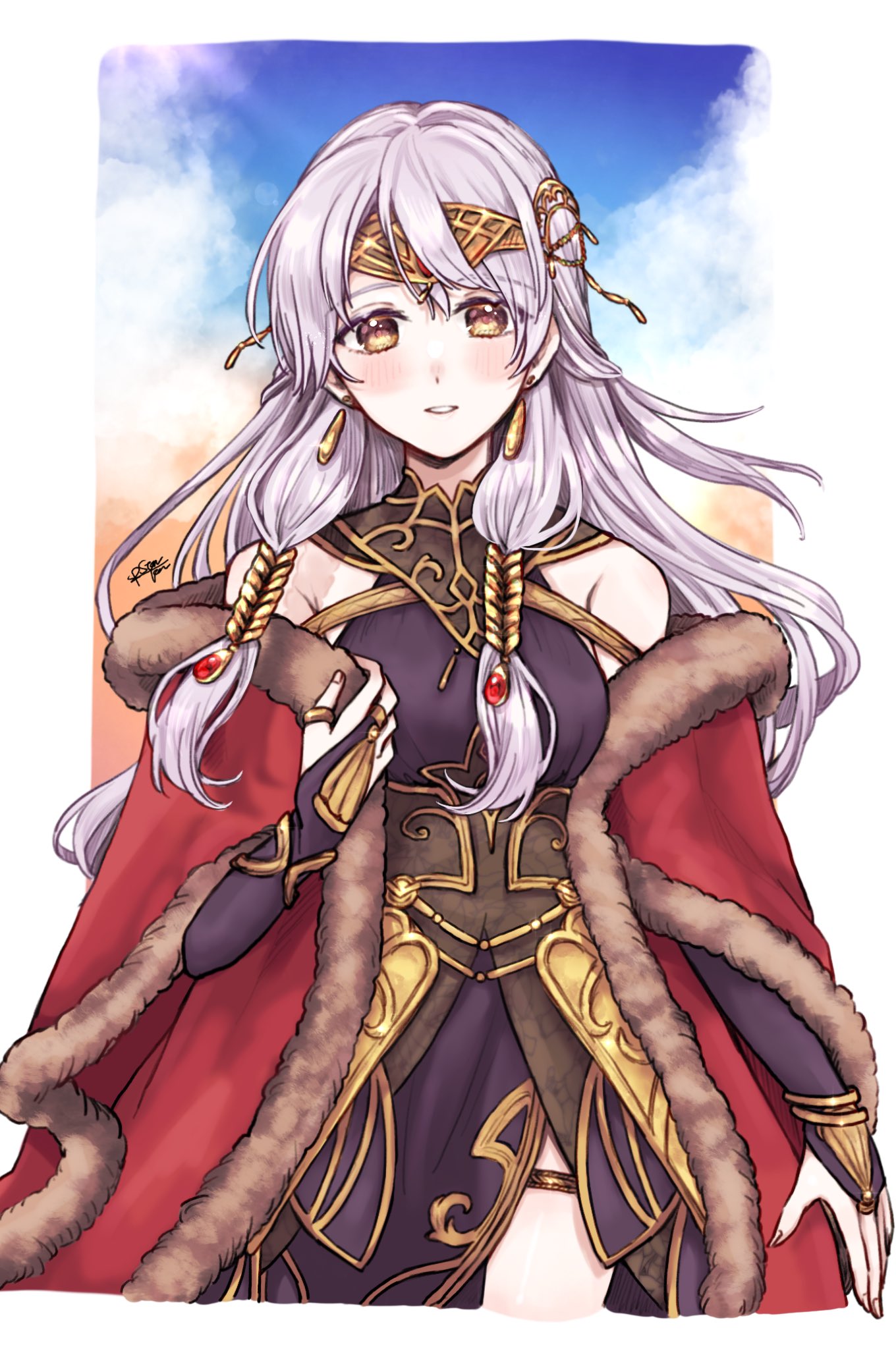 1girl bare_shoulders black_dress bridal_gauntlets cape circlet coat dress earrings fire_emblem fire_emblem:_radiant_dawn fire_emblem_cipher fire_emblem_heroes fur_trim gloves grey_hair half_updo highres jewelry long_hair looking_at_viewer micaiah_(fire_emblem) micaiah_(radiant_queen)_(fire_emblem) misato_hao red_cape side_slit simple_background sleeveless sleeveless_dress smile solo yellow_eyes