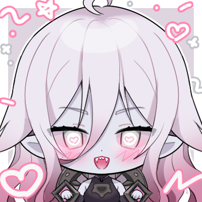 1girl ahoge blush briar_(league_of_legends) chibi colored_sclera colored_skin fangs gradient_hair grey_hair grey_skin hair_between_eyes heart heart-shaped_pupils league_of_legends long_hair looking_at_viewer lowres multicolored_hair open_mouth pelicana pink_hair pink_sclera pointy_ears sidelocks smile solo symbol-shaped_pupils teeth two-tone_hair upper_body upper_teeth_only vampire wrist_cuffs