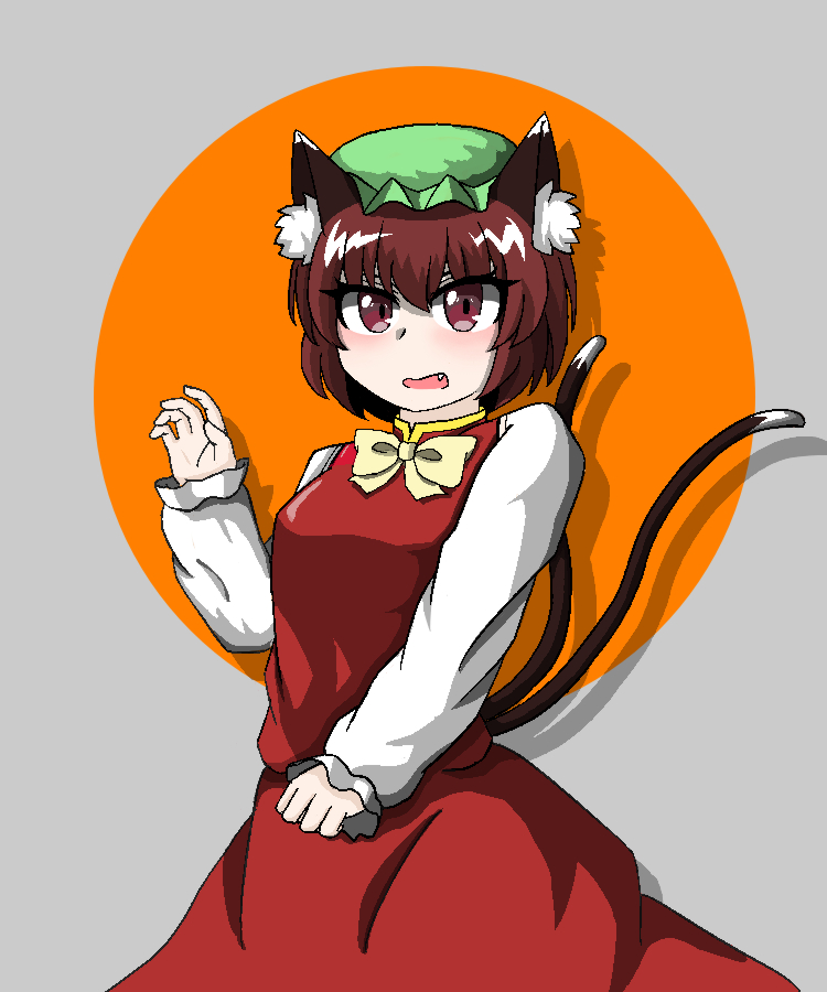 1girl 2412597780mxy animal_ear_fluff animal_ears bow bowtie breasts brown_hair cat_ears cat_tail chen commentary cowboy_shot drop_shadow english_commentary eyebrows_hidden_by_hair fang green_headwear grey_background hair_between_eyes hand_up hat light_blush long_sleeves looking_at_viewer medium_breasts mob_cap multiple_tails nekomata open_mouth orange_background puffy_long_sleeves puffy_sleeves red_shirt red_skirt shirt short_hair simple_background skirt skirt_set sleeves_past_wrists solo tail touhou two_tails white_bow white_bowtie