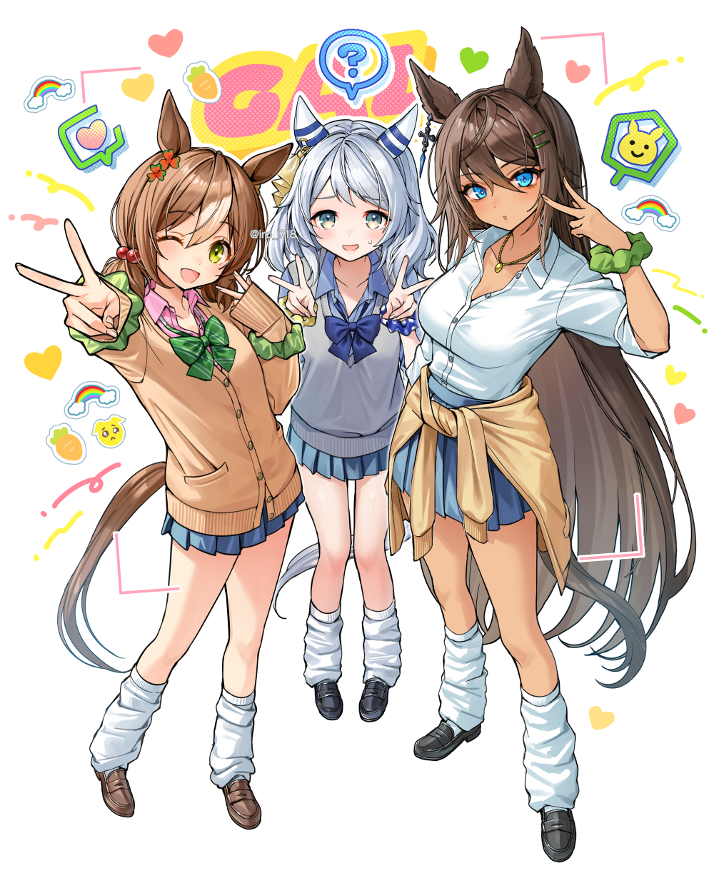 3girls ? alternate_costume animal_ears black_hair blue_eyes blush breasts brown_hair collarbone commentary double_v emoji fine_motion_(umamusume) full_body green_eyes grey_hair gyaru hair_ornament hairclip highres hishi_miracle_(umamusume) horse_ears horse_girl horse_tail iro_178 jewelry large_breasts looking_at_viewer medium_breasts multiple_girls necklace one_eye_closed open_mouth school_uniform shoes simple_background standing symbol-only_commentary symboli_kris_s_(umamusume) tail umamusume v white_background
