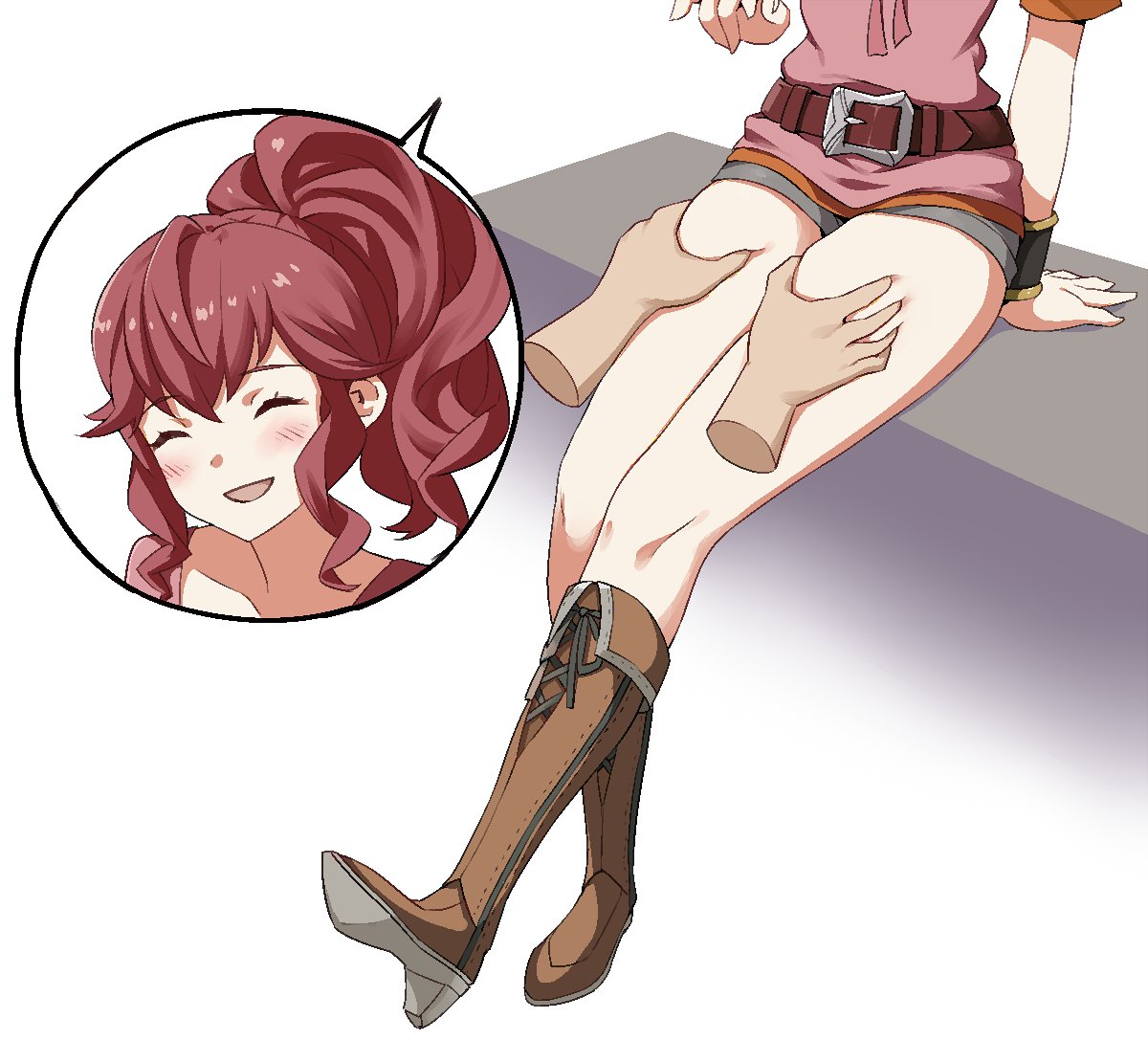 1girl anna_(fire_emblem) bare_legs belt_buckle boots brown_footwear buckle closed_eyes english_commentary fire_emblem fire_emblem_awakening high_ponytail igni_tion leather leather_belt leather_boots open_mouth redhead thigh_grab