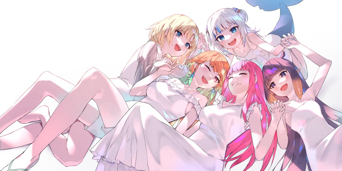 5girls :d aqua_hair barefoot blonde_hair blue_eyes blue_hair blunt_bangs breasts choppy_bangs closed_eyes cropped_legs dress feather_hair feathers fins fish_tail flat_chest frilled_dress frills gawr_gura green_feathers hair_ornament holding_hands hololive hololive_english kouhiipan large_breasts long_hair lying medium_hair mori_calliope multicolored_hair multiple_girls ninomae_ina'nis on_back on_side one_eye_closed orange_eyes orange_hair pink_hair pointy_ears purple_hair sandals see-through see-through_sleeves shark_tail sharp_teeth short_twintails sidelocks small_breasts smile tail takanashi_kiara teeth twintails two-tone_hair violet_eyes virtual_youtuber watson_amelia white_background white_dress white_hair