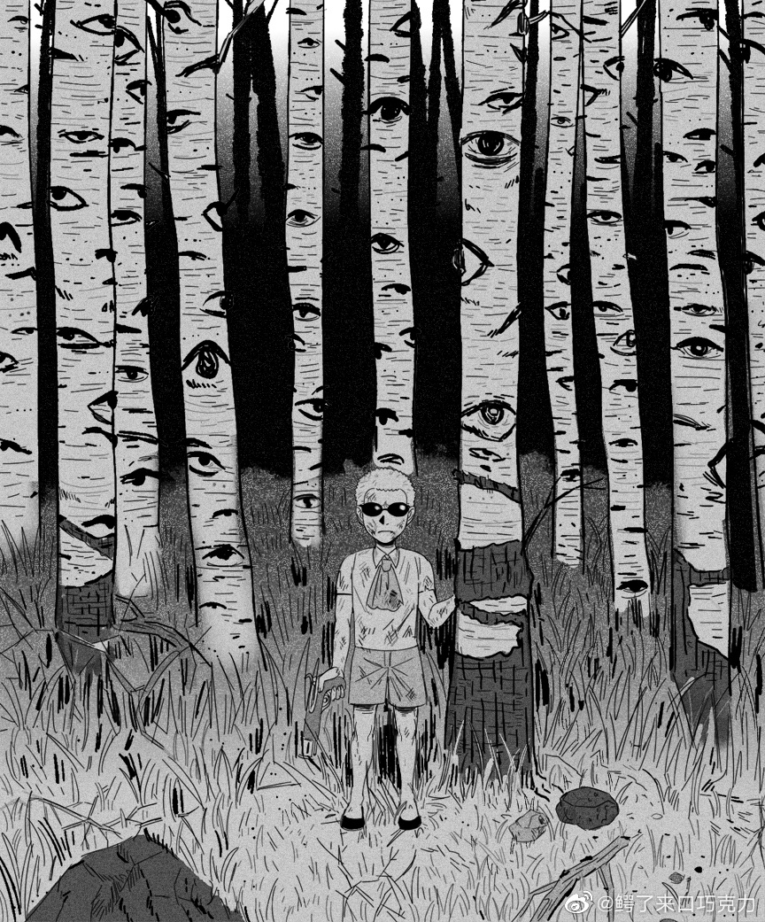 1boy aged_down bruise donquixote_doflamingo expressionless forest full_body greyscale gun holding holding_gun holding_weapon injury looking_at_viewer male_focus mg_cls monochrome nature one_piece shirt short_hair shorts solo standing straight-on sunglasses symbolism tree weapon