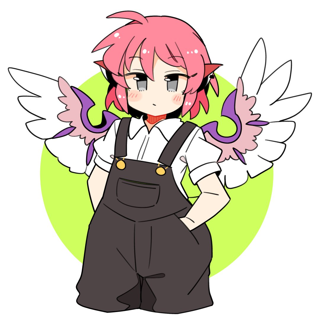 1girl alternate_costume animal_ears bird_ears bird_wings black_overalls blush closed_mouth collared_shirt cropped_legs earrings grey_eyes ini_(inunabe00) jewelry mystia_lorelei overalls pink_hair shirt short_hair short_sleeves single_earring solo touhou white_shirt white_wings wings