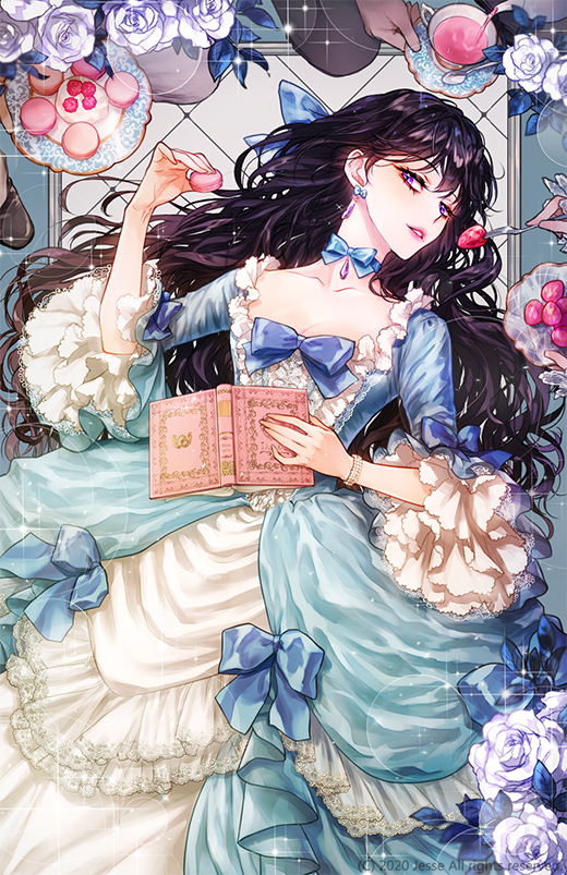 1girl aqua_border aqua_dress argyle argyle_background bell_sleeves black_hair blue_bow book border bow bow_earrings bracelet choker cup dress dress_bow earrings feeding feet_out_of_frame flower food fork frilled_dress frilled_sleeves frills fruit gown hair_between_eyes hair_bow holding holding_book holding_food holding_fork holding_plate holding_saucer jesse_(kakiclover) jewelry looking_at_viewer lying macaron on_back on_one_knee open_book original out_of_frame outside_border parted_lips pendant_choker pink_lips plate pouring raspberry ribbon_choker rose saucer sideways_glance sleeves_past_elbows solo sparkle strawberry tea teacup teapot two-tone_dress violet_eyes whipped_cream white_dress white_flower white_rose