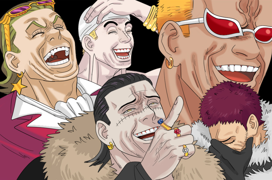 5boys adam's_apple black_hair character_request charlotte_katakuri comedy crocodile_(one_piece) donquixote_doflamingo earrings enel facepalm hair_slicked_back hand_on_own_head jewelry laughing male_focus mature_male mg_cls multiple_boys multiple_rings one_piece pale_skin parody_request pointing pointing_forward ring scar scar_on_face scar_on_nose short_hair sideburns stitches thick_neck upper_body veiny_face wrinkled_skin