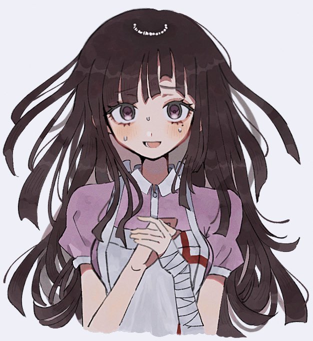1girl apron bandaged_arm bandages blunt_ends blush collared_shirt commentary cropped_torso danganronpa_(series) danganronpa_2:_goodbye_despair eyelashes hands_on_own_chest long_hair looking_at_viewer messy_hair mikomi_(90m5x) mole mole_under_eye nervous_sweating puffy_short_sleeves puffy_sleeves purple_hair purple_shirt shirt short_sleeves sidelocks simple_background smile solo sweat tsumiki_mikan violet_eyes white_apron white_background